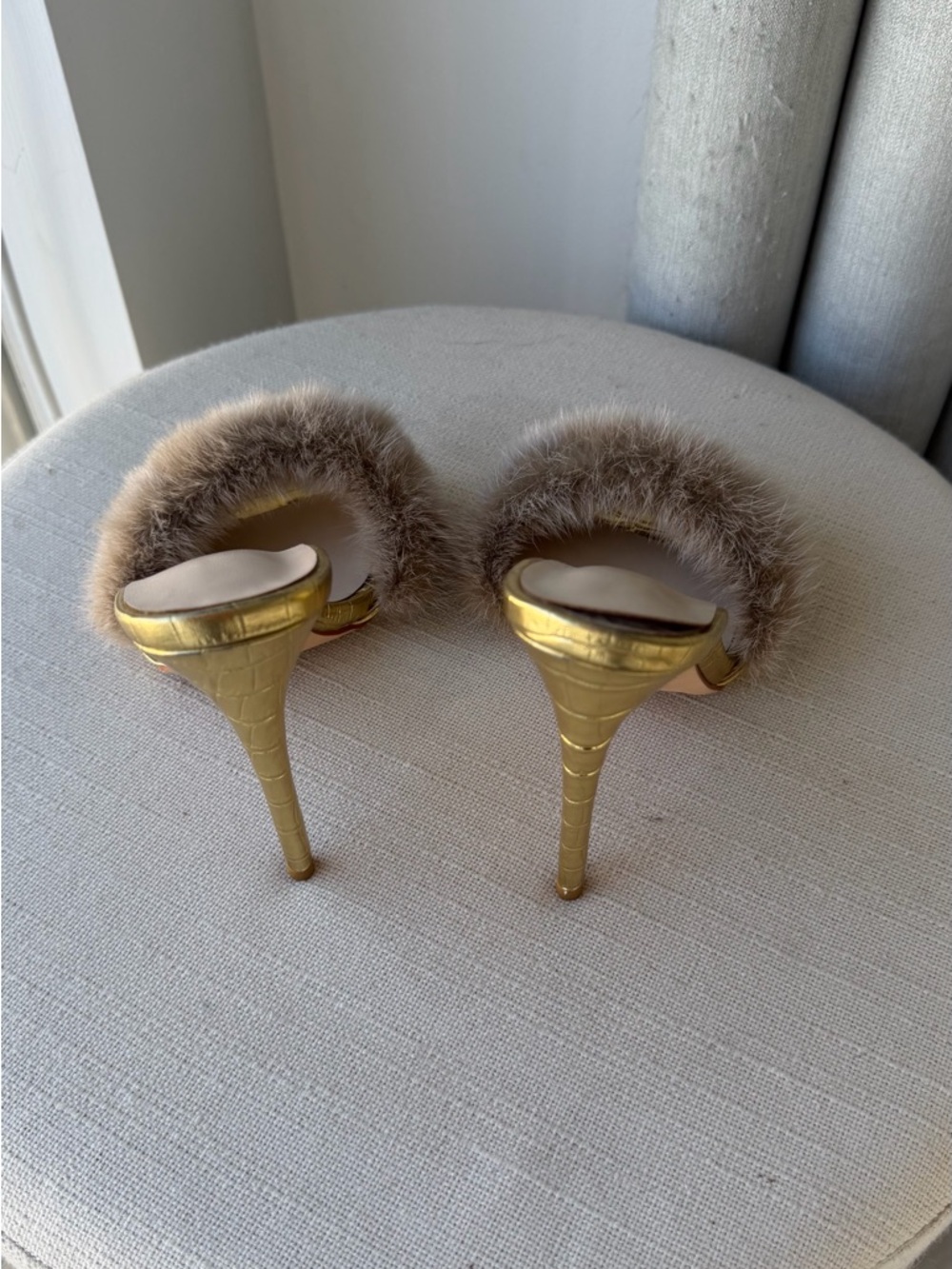 Gold Stiletto Mule with Taupe Fur Trim - Women's Luxury Slide - Picture 9 of 13